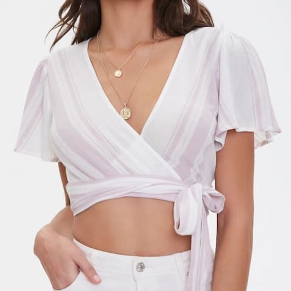 White and pink wrap crop top self tie closure